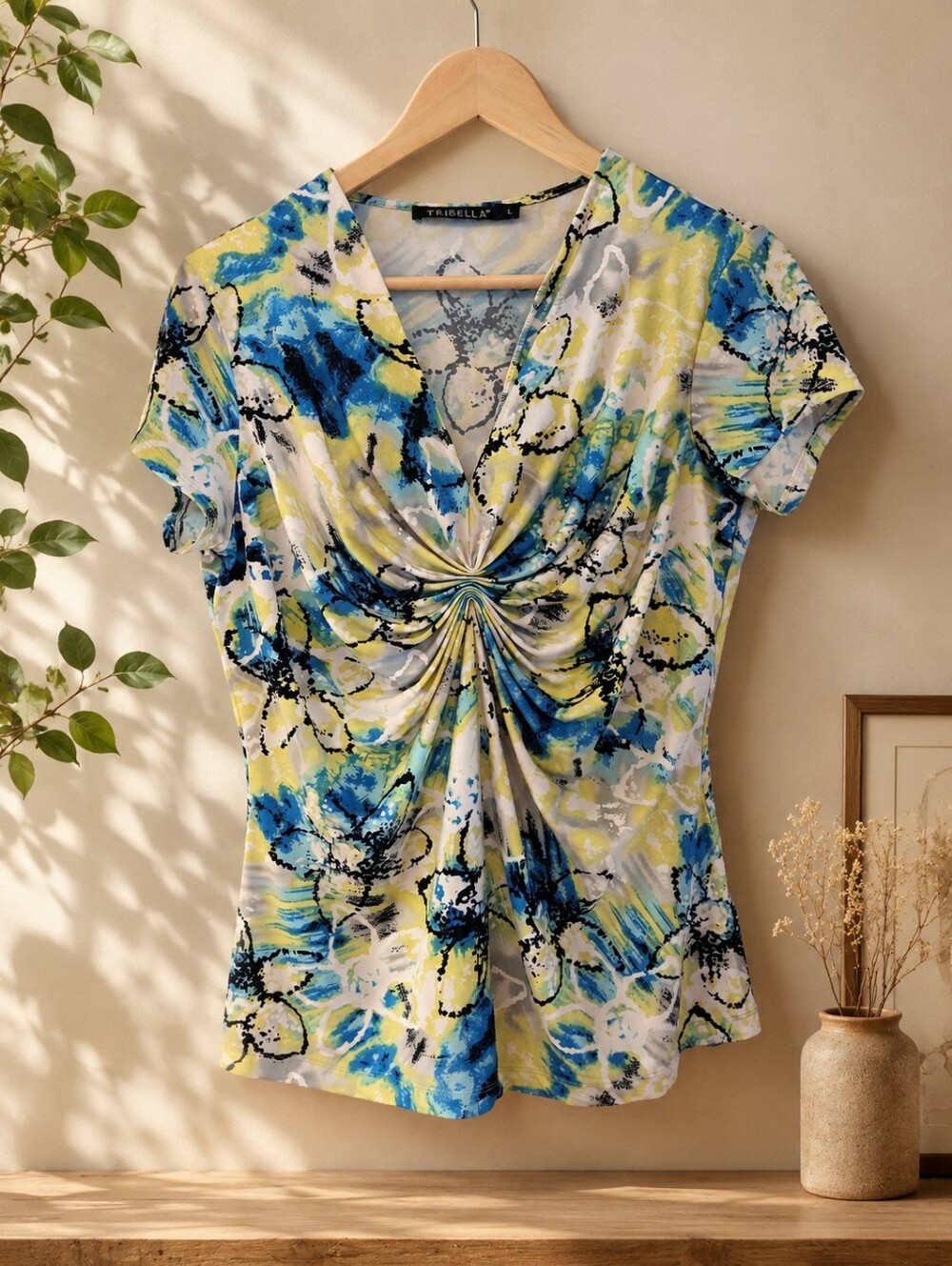 Blue & Yellow Twist-Front Women's Top
